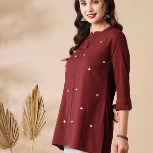 Solid Resham & Beads Embroidered High-Low Hem Kurti - Red