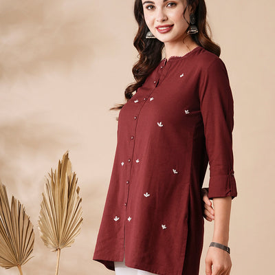 Solid Resham & Beads Embroidered High-Low Hem Kurti - Red