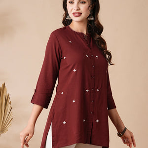 Solid Resham & Beads Embroidered High-Low Hem Kurti - Red