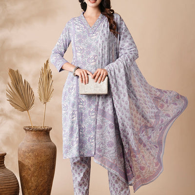 Floral Printed Mirror & Zari Embroidered Kurta with Pants & Dupatta - Purple