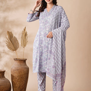 Floral Printed Mirror & Zari Embroidered Kurta with Pants & Dupatta - Purple