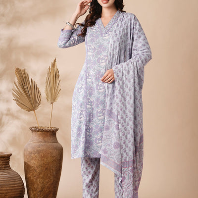 Floral Printed Mirror & Zari Embroidered Kurta with Pants & Dupatta - Purple