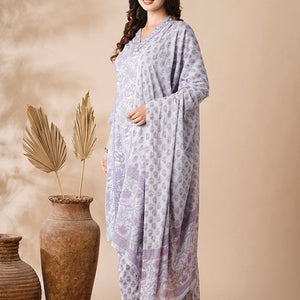 Floral Printed Mirror & Zari Embroidered Kurta with Pants & Dupatta - Purple
