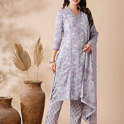 Floral Printed Mirror & Zari Embroidered Kurta with Pants & Dupatta - Purple
