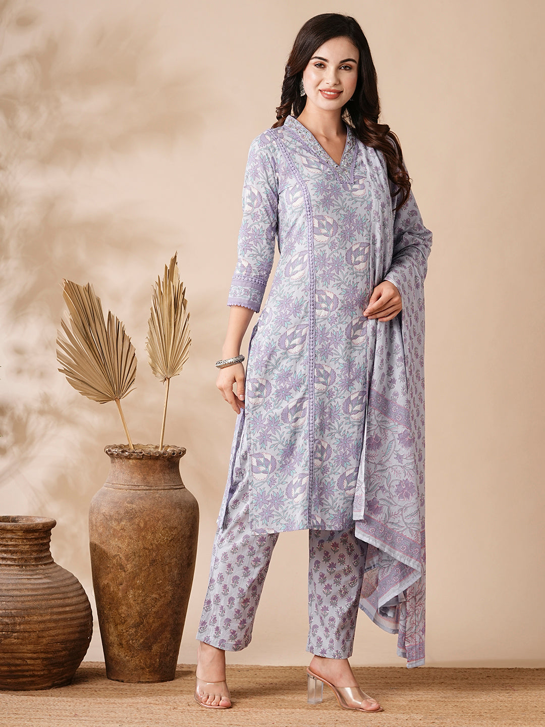 Floral Printed Mirror & Zari Embroidered Kurta with Pants & Dupatta - Purple