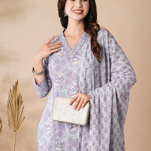Floral Printed Mirror & Zari Embroidered Kurta with Pants & Dupatta - Purple