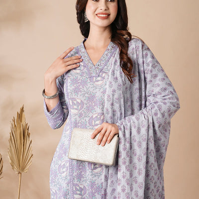 Floral Printed Mirror & Zari Embroidered Kurta with Pants & Dupatta - Purple