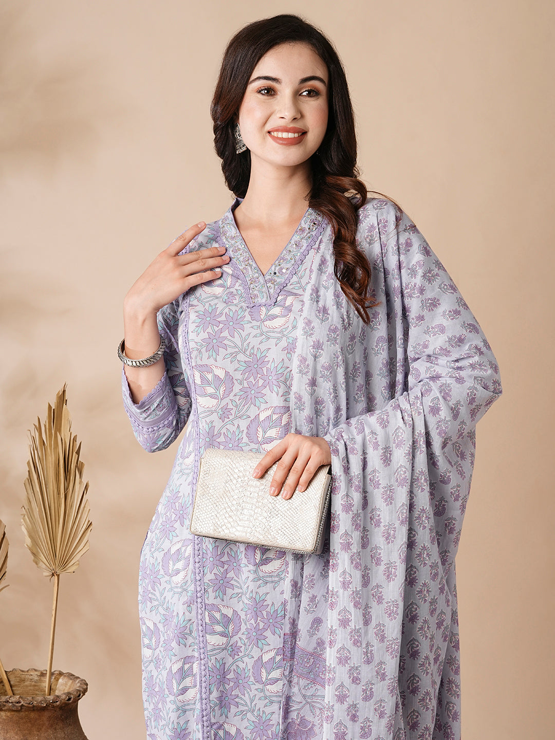 Floral Printed Mirror & Zari Embroidered Kurta with Pants & Dupatta - Purple