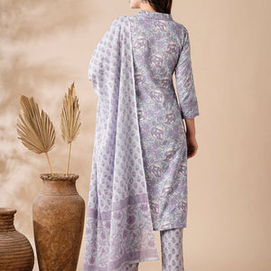 Floral Printed Mirror & Zari Embroidered Kurta with Pants & Dupatta - Purple