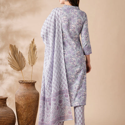 Floral Printed Mirror & Zari Embroidered Kurta with Pants & Dupatta - Purple