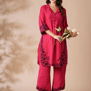 Solid Resham Cutwork Embroidered Kurta with Palazzo - Pink