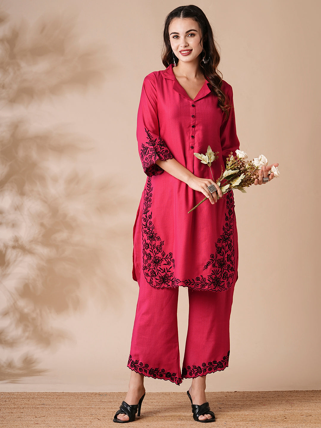 Solid Resham Cutwork Embroidered Kurta with Palazzo - Pink
