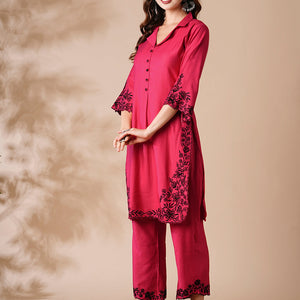 Solid Resham Cutwork Embroidered Kurta with Palazzo - Pink