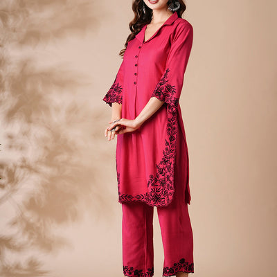 Solid Resham Cutwork Embroidered Kurta with Palazzo - Pink