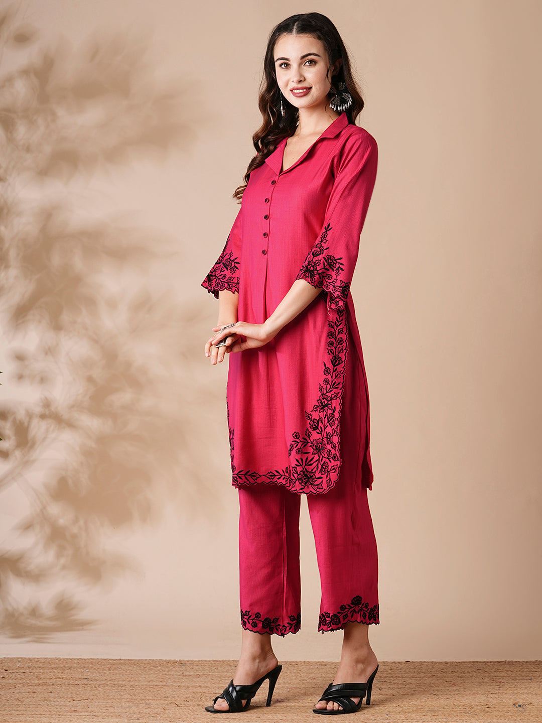 Solid Resham Cutwork Embroidered Kurta with Palazzo - Pink