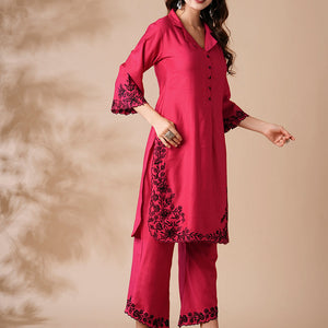 Solid Resham Cutwork Embroidered Kurta with Palazzo - Pink