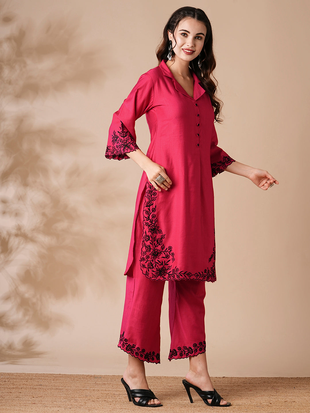 Solid Resham Cutwork Embroidered Kurta with Palazzo - Pink