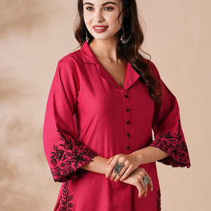 Solid Resham Cutwork Embroidered Kurta with Palazzo - Pink