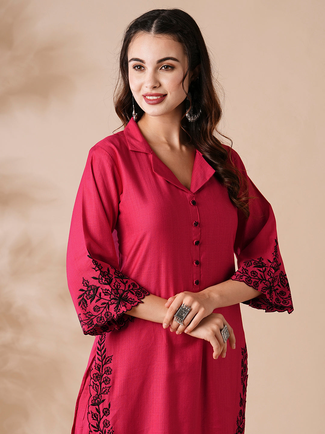 Solid Resham Cutwork Embroidered Kurta with Palazzo - Pink