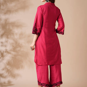 Solid Resham Cutwork Embroidered Kurta with Palazzo - Pink
