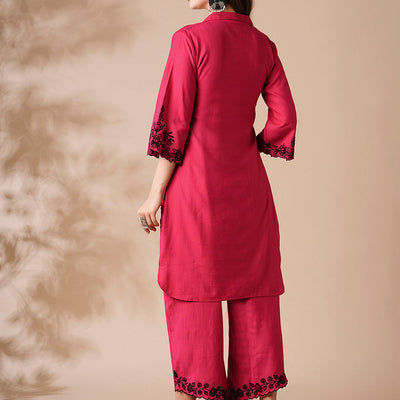 Solid Resham Cutwork Embroidered Kurta with Palazzo - Pink