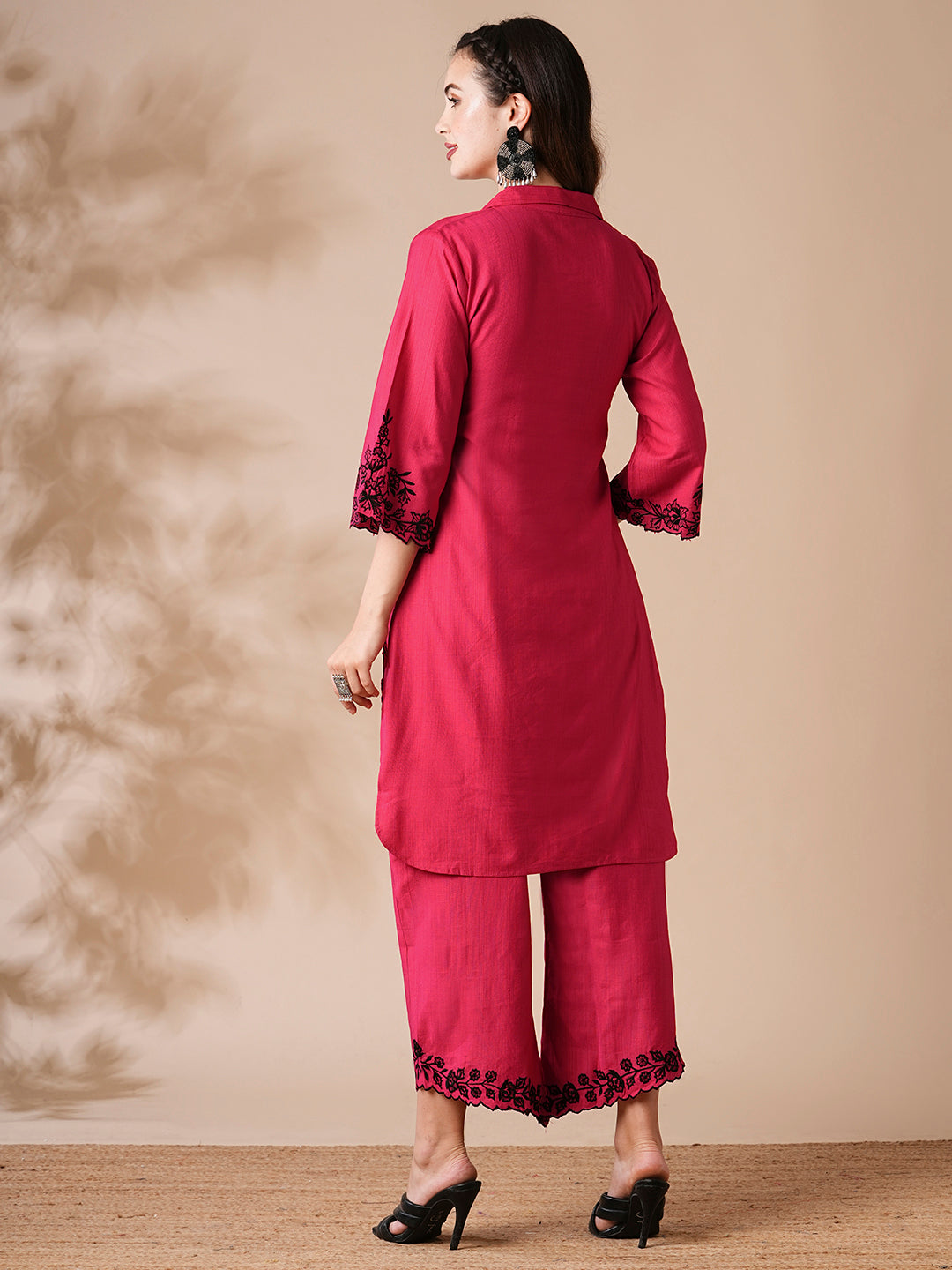 Solid Resham Cutwork Embroidered Kurta with Palazzo - Pink