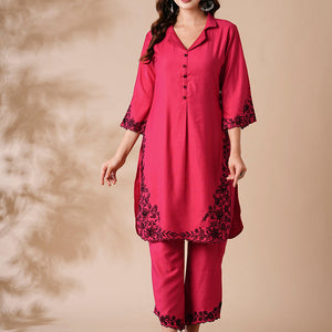 Solid Resham Cutwork Embroidered Kurta with Palazzo - Pink