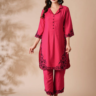 Solid Resham Cutwork Embroidered Kurta with Palazzo - Pink