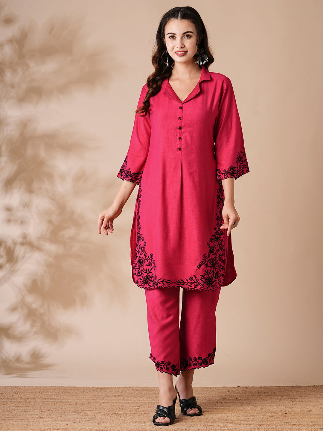 Solid Resham Cutwork Embroidered Kurta with Palazzo - Pink