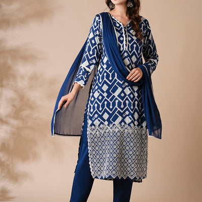 Abstract Printed Schiffili Embroidered Kurta with Pants & Dupatta - Blue