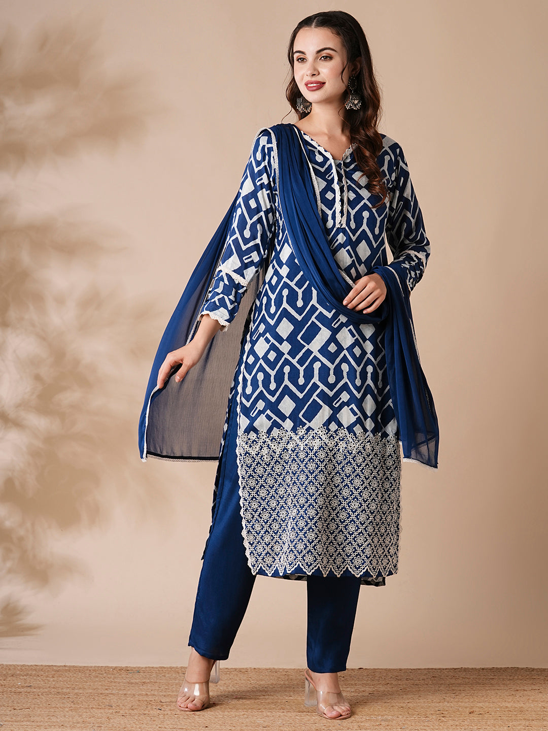 Abstract Printed Schiffili Embroidered Kurta with Pants & Dupatta - Blue