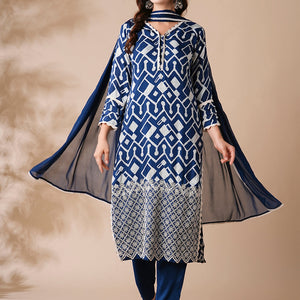 Abstract Printed Schiffili Embroidered Kurta with Pants & Dupatta - Blue