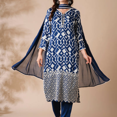 Abstract Printed Schiffili Embroidered Kurta with Pants & Dupatta - Blue
