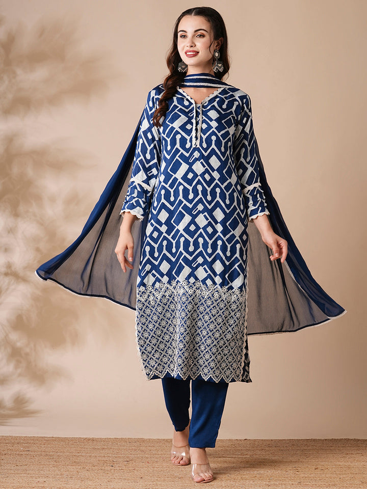 Abstract Printed Schiffili Embroidered Kurta with Pants & Dupatta - Blue