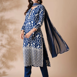 Abstract Printed Schiffili Embroidered Kurta with Pants & Dupatta - Blue