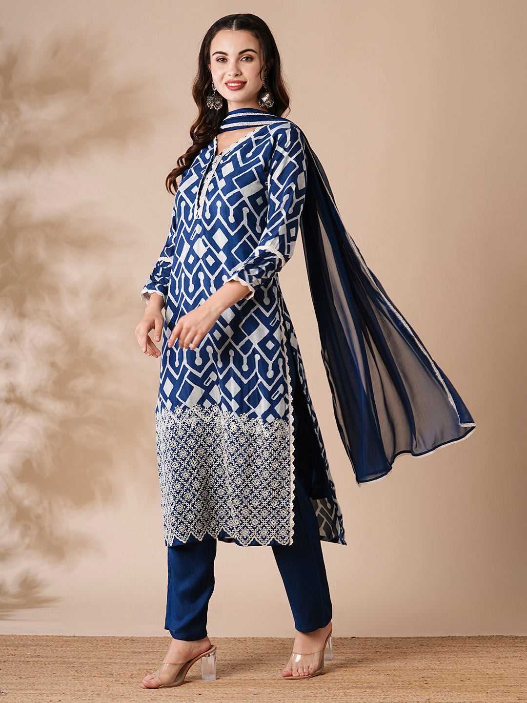 Abstract Printed Schiffili Embroidered Kurta with Pants & Dupatta - Blue