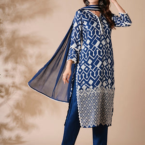 Abstract Printed Schiffili Embroidered Kurta with Pants & Dupatta - Blue