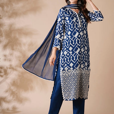 Abstract Printed Schiffili Embroidered Kurta with Pants & Dupatta - Blue