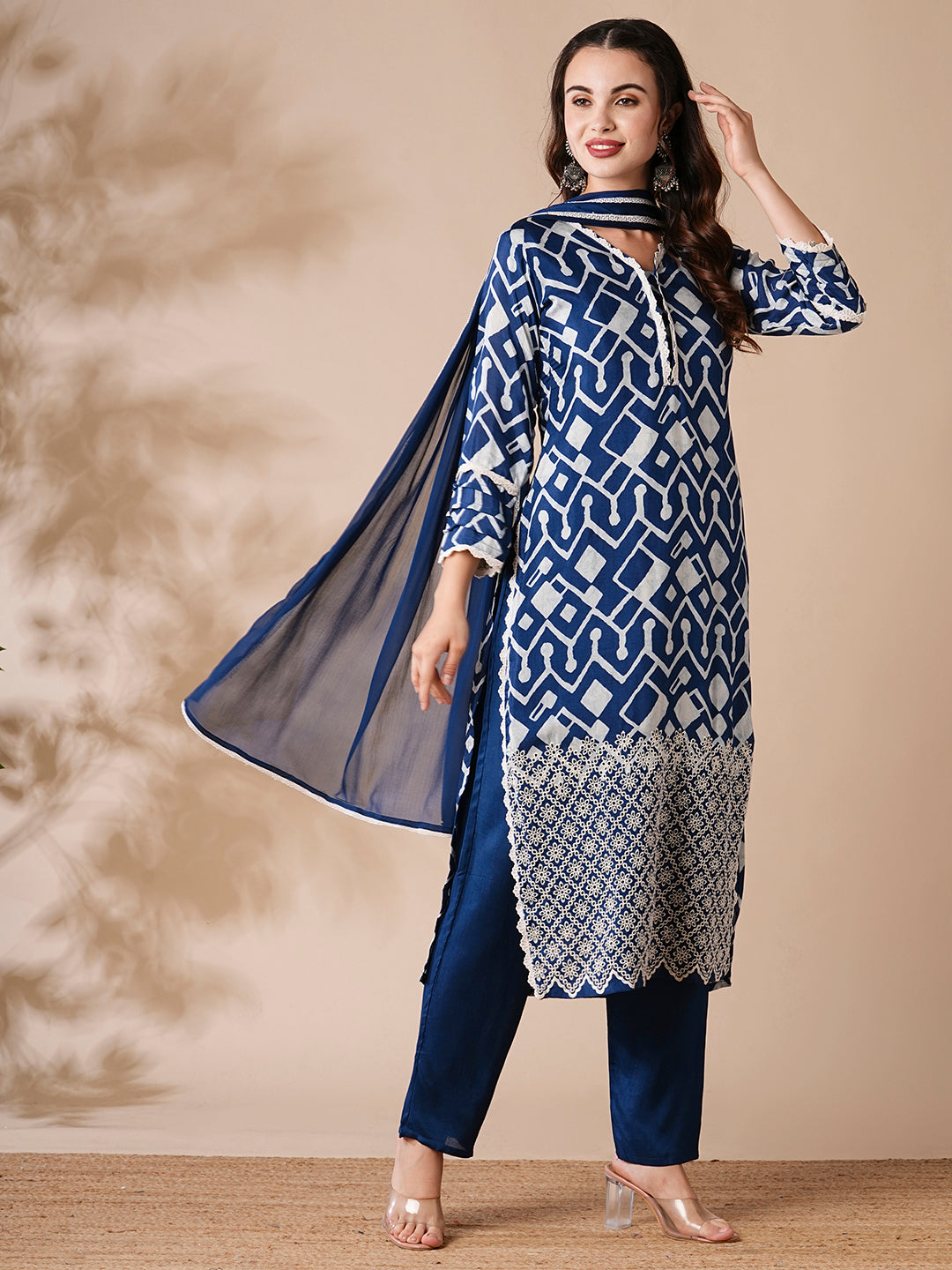 Abstract Printed Schiffili Embroidered Kurta with Pants & Dupatta - Blue