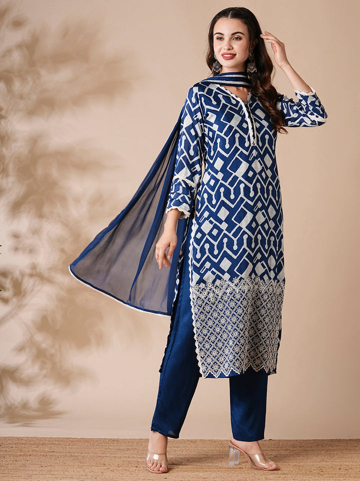 Abstract Printed Schiffili Embroidered Kurta with Pants & Dupatta - Blue