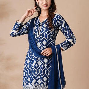 Abstract Printed Schiffili Embroidered Kurta with Pants & Dupatta - Blue
