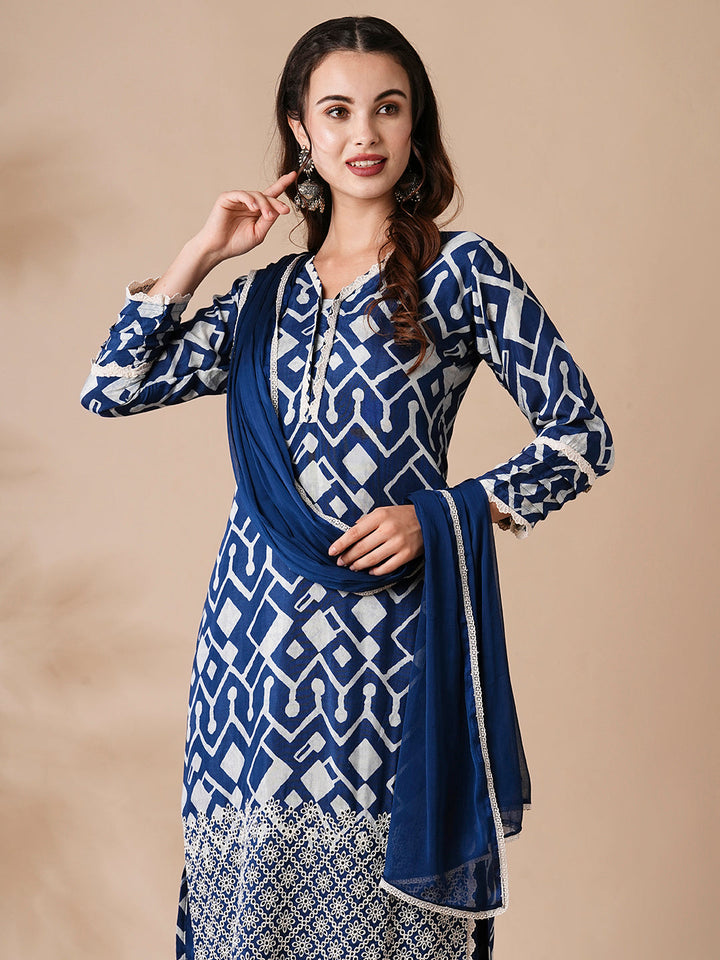 Abstract Printed Schiffili Embroidered Kurta with Pants & Dupatta - Blue