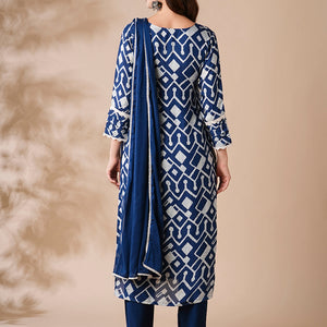 Abstract Printed Schiffili Embroidered Kurta with Pants & Dupatta - Blue