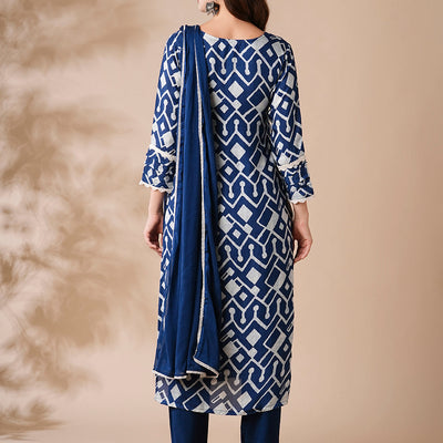 Abstract Printed Schiffili Embroidered Kurta with Pants & Dupatta - Blue