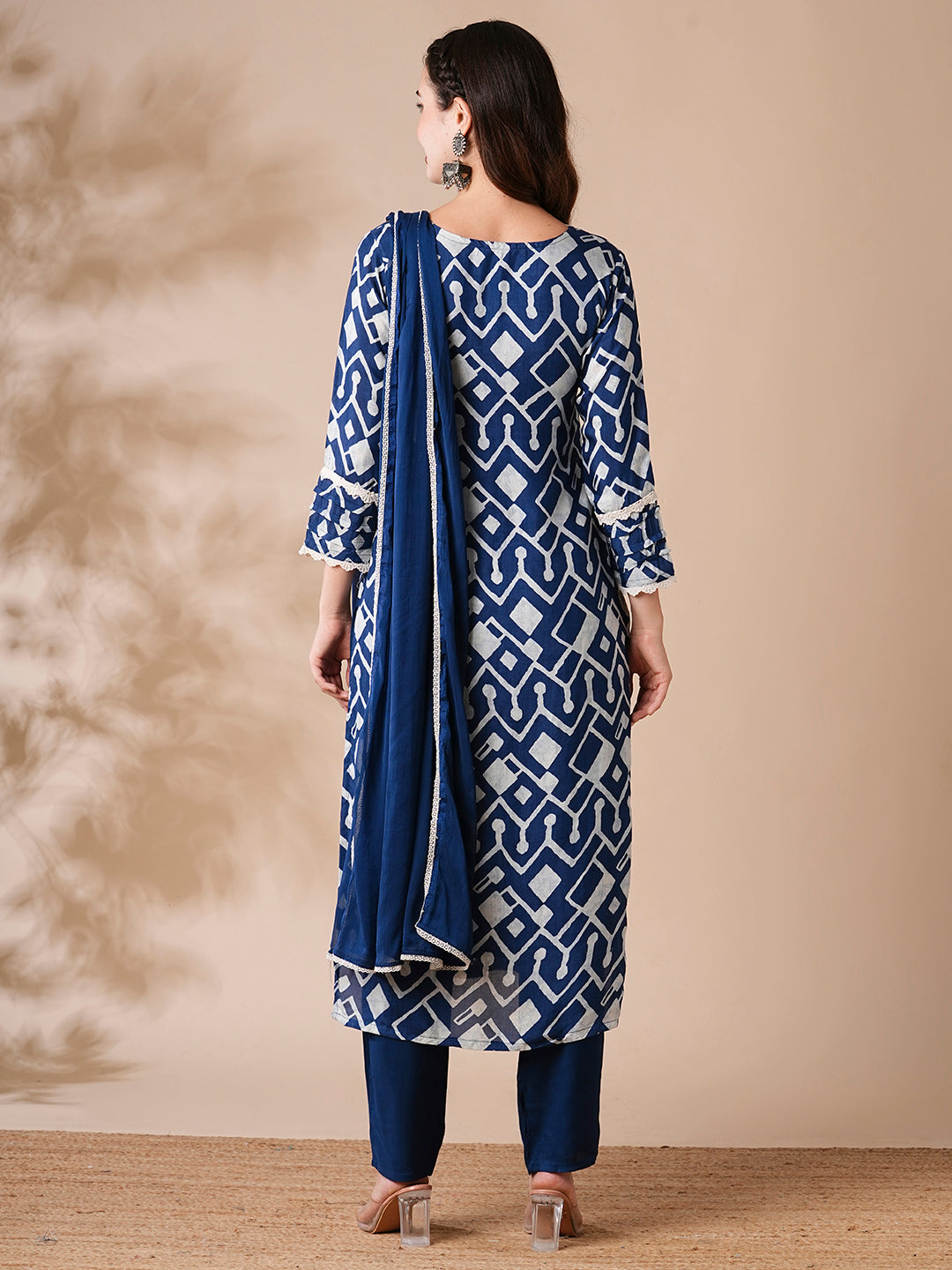 Abstract Printed Schiffili Embroidered Kurta with Pants & Dupatta - Blue