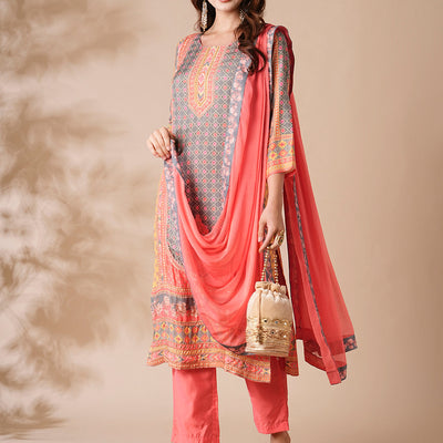Floral Ethnic Printed & Embroidered Straight Kurta with Pant & Dupatta - Peach