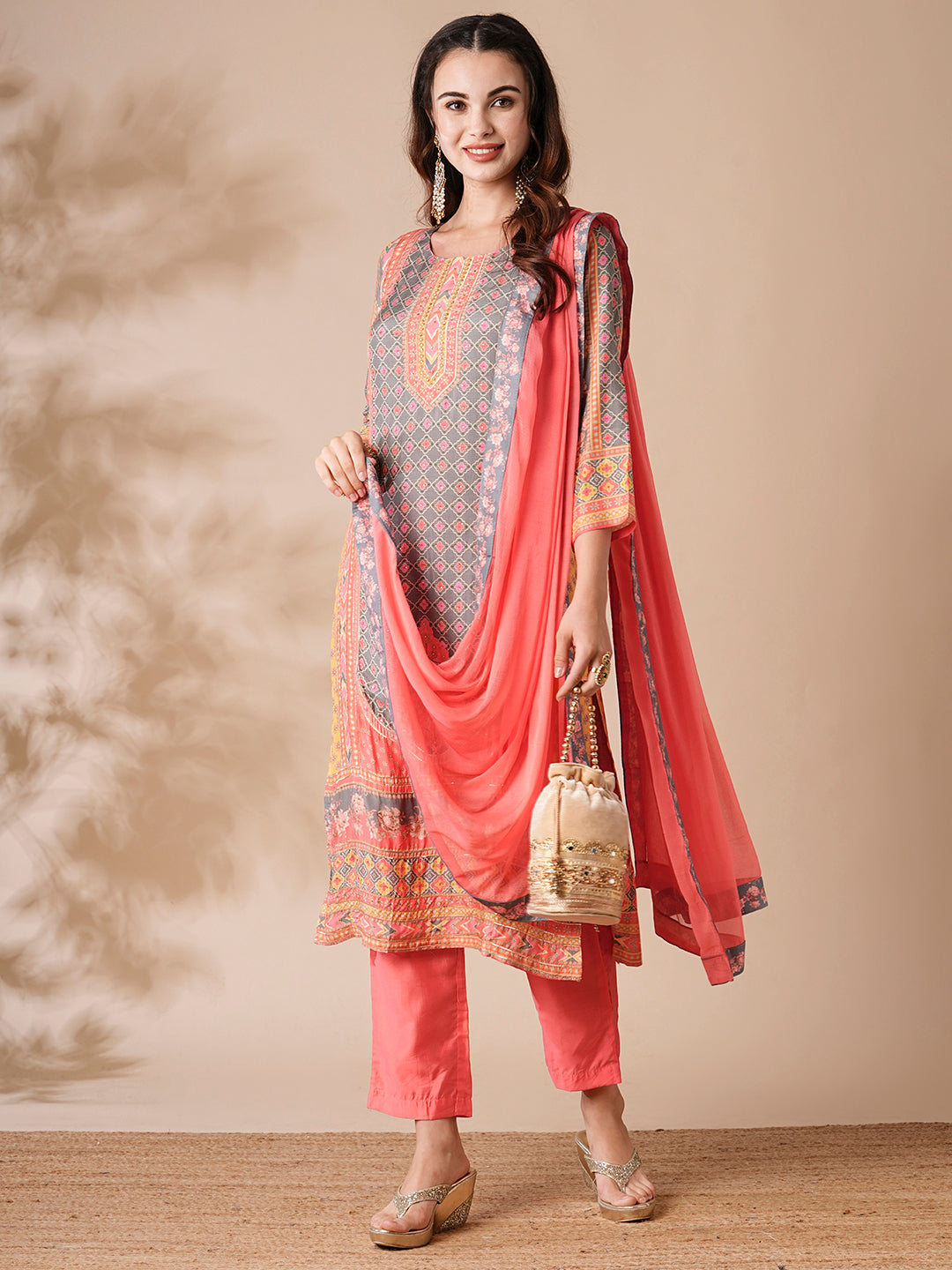 Floral Ethnic Printed & Embroidered Straight Kurta with Pant & Dupatta - Peach