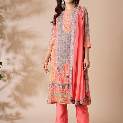 Floral Ethnic Printed & Embroidered Straight Kurta with Pant & Dupatta - Peach