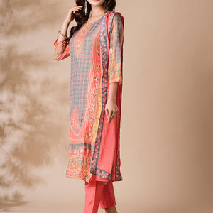 Floral Ethnic Printed & Embroidered Straight Kurta with Pant & Dupatta - Peach