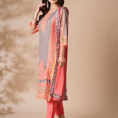 Floral Ethnic Printed & Embroidered Straight Kurta with Pant & Dupatta - Peach